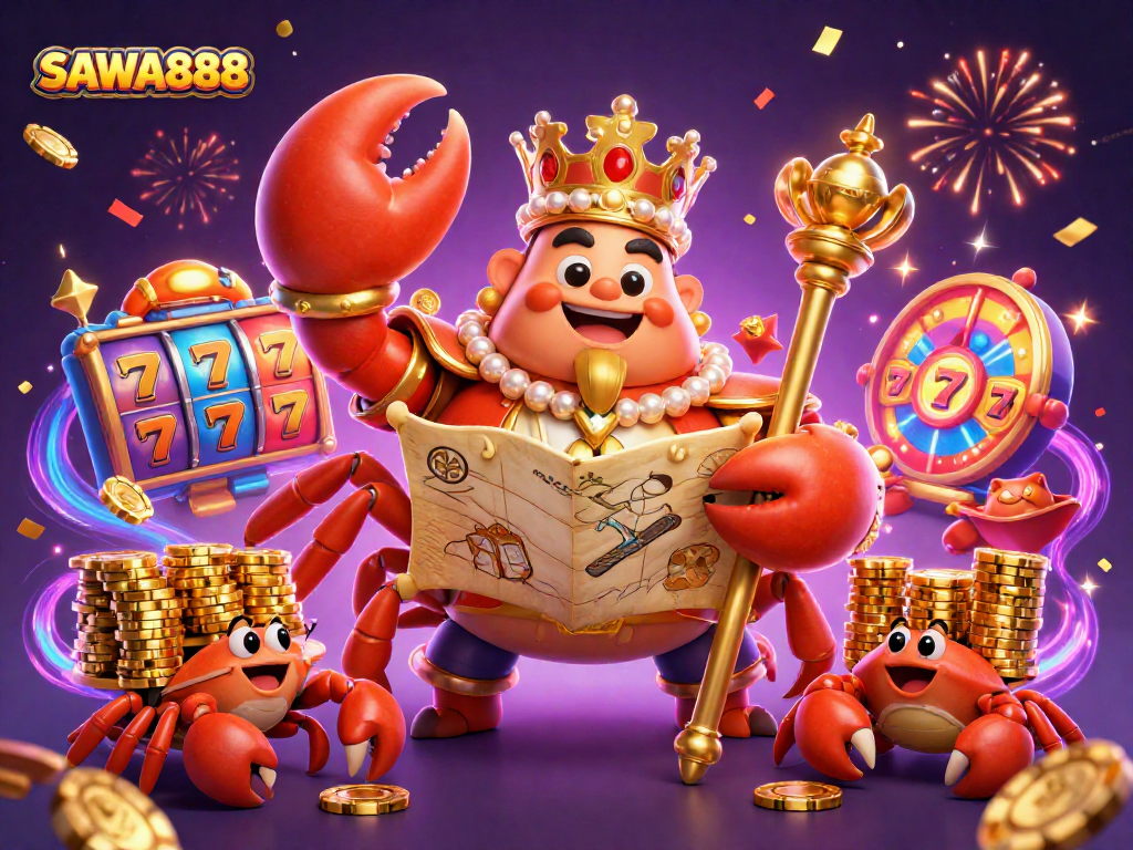SAWA888 showcases a vibrant scene of a golden crab emperor in a casino, surrounded by slot reels and dynamic game elements.