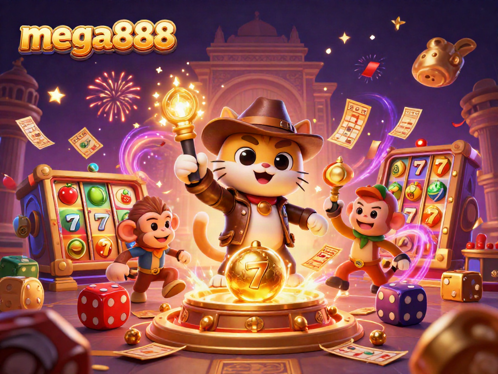 Experience the excitement of mega888 with a thrilling illustration of a cat explorer discovering casino treasures.