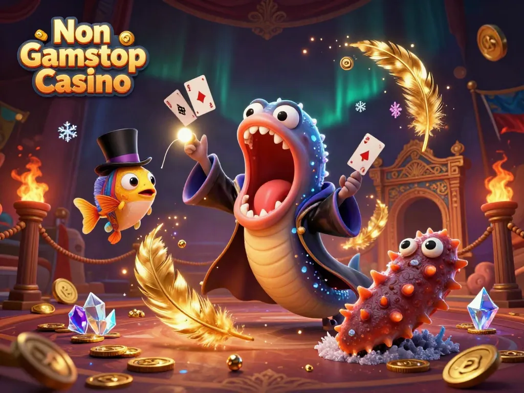 Engaging scene showcasing Non Gamstop Casino with a magician eel and friends performing captivating tricks.