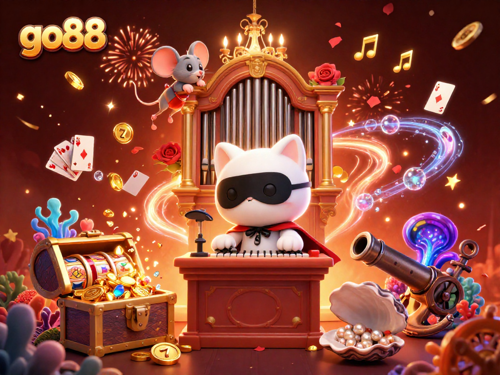 Join the excitement with go88 as the phantom cat plays the organ surrounded by vibrant casino elements.