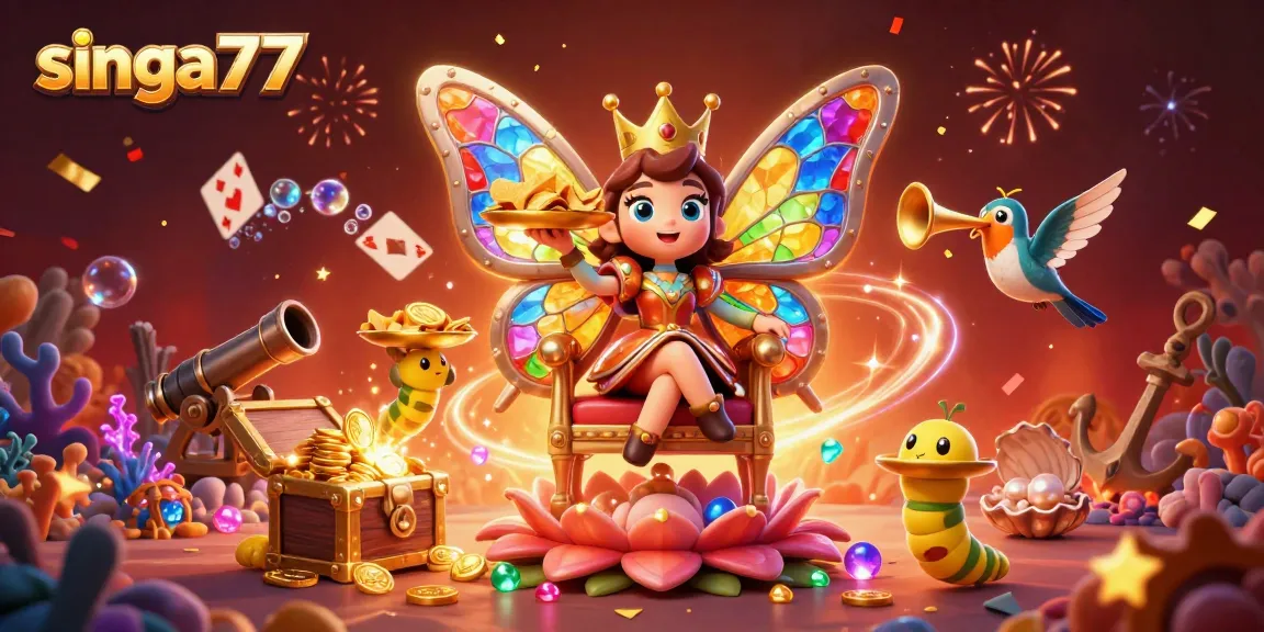 Singa77 brings a vivid casino fantasy with a butterfly queen, colorful gems, and gold coins.