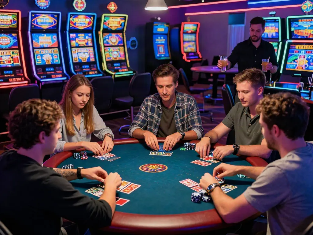 Engaged players enjoying games at credit card casinos UK, featuring vibrant casino environment.