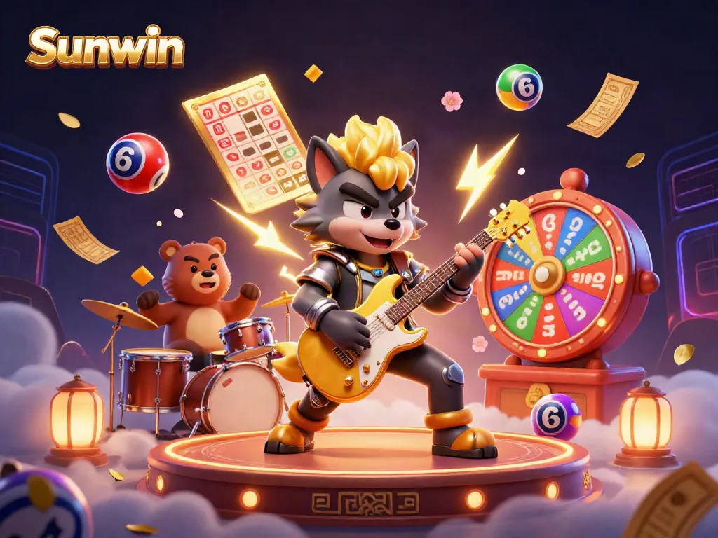 Experience the excitement of Sunwin with a vibrant 3D casino scene showcasing dynamic characters and game elements.
