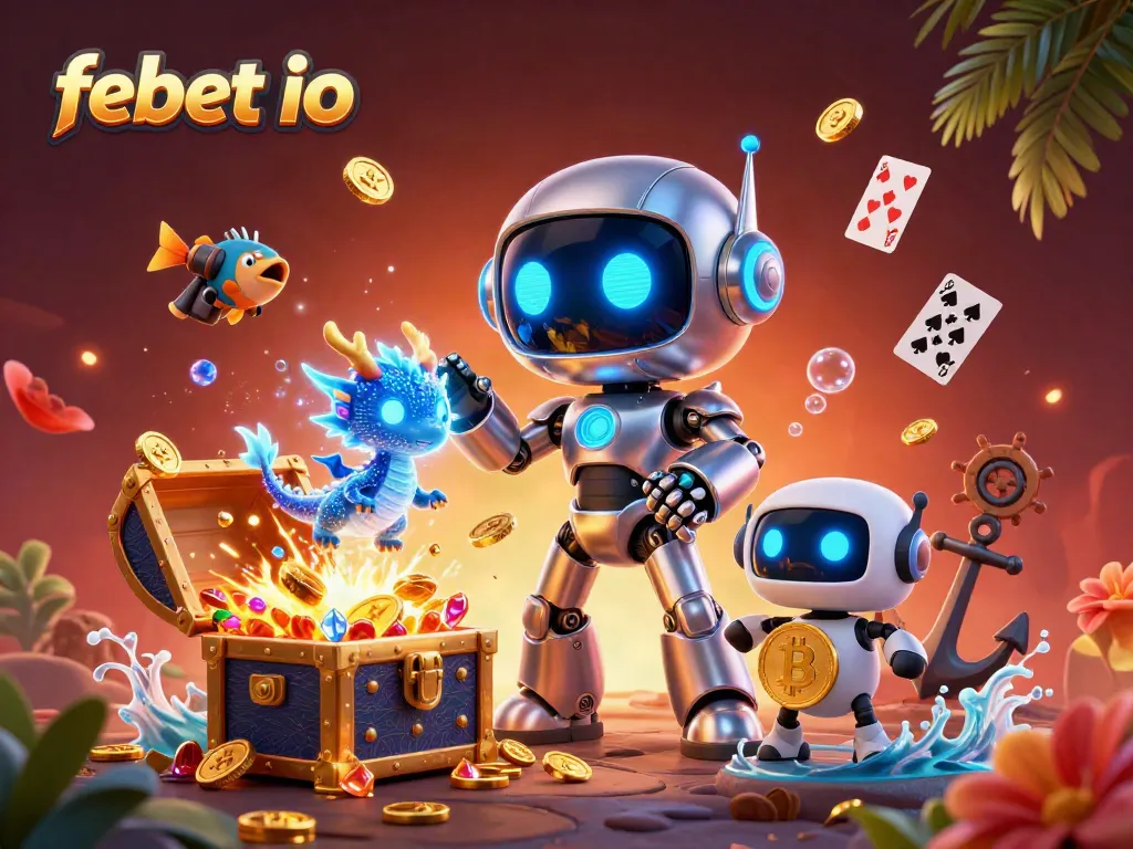 Engage with thrilling casino action on febet io, featuring a vibrant 3D illustration of a cyberpunk robot mascot and exciting game elements.