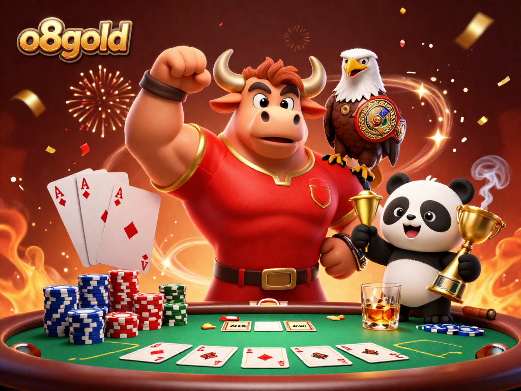 Experience thrilling victories at o8gold with iconic casino characters surrounded by colorful poker elements.