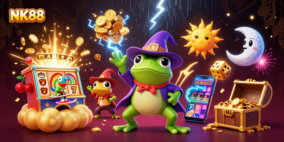 Experience thrilling gameplay with NK88 as fortune rains from golden coins amidst vibrant casino elements.