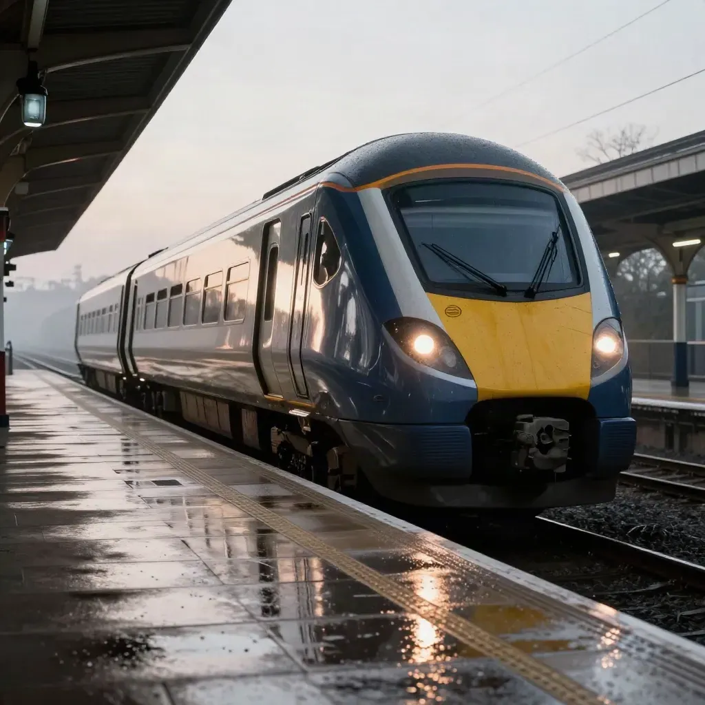 Class 800 train gliding into a misty UK terminus over a wet platform at dawn
