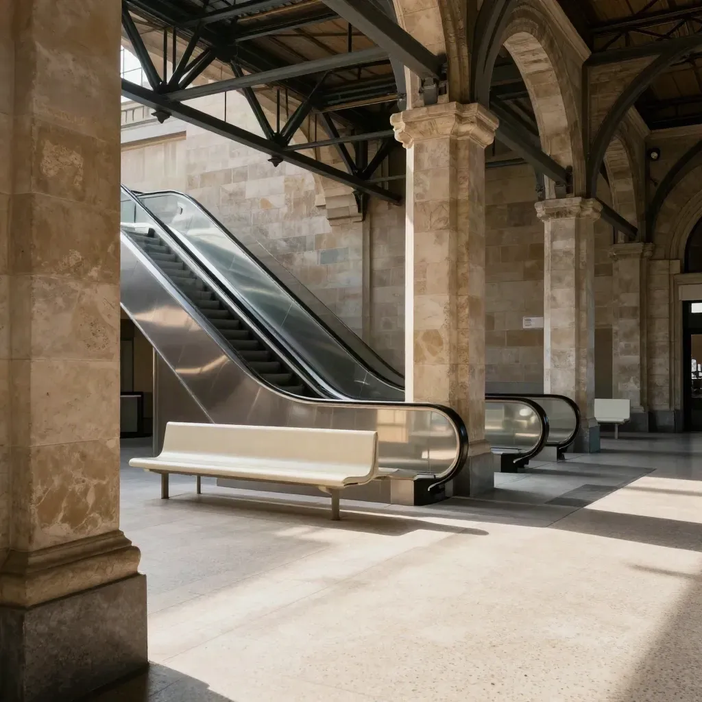 Heritage station hall with stone columns, escalators and sunlight across a pale floor
