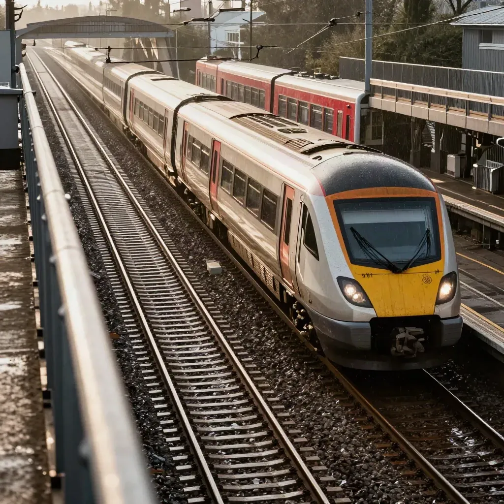 Express train overtakes a waiting local service at a wet rail junction viewed from a footbridge.