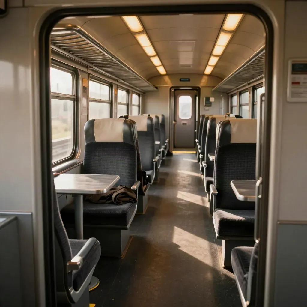 Quiet off-peak train carriage with folded coat, sunlit aisle and empty seats