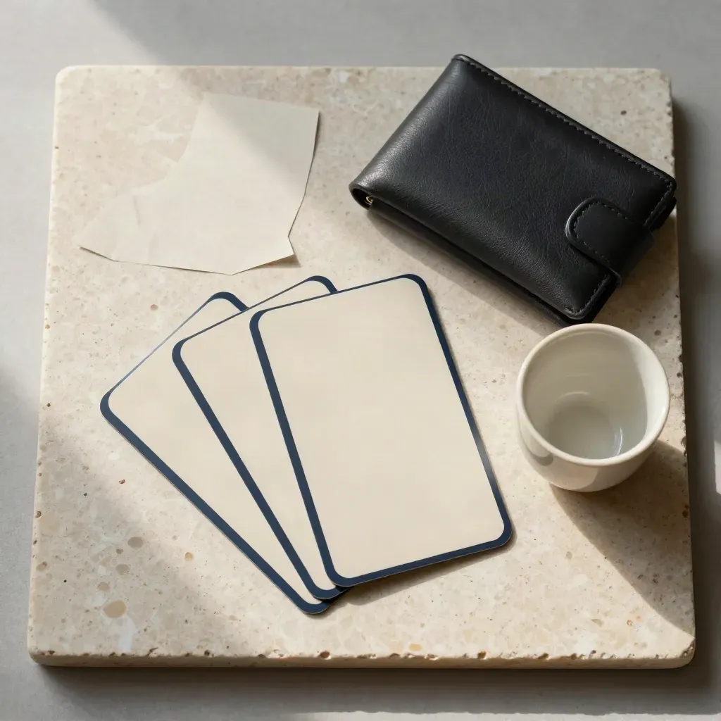 Top-down railcard cards, wallet and cup on pale travertine in soft window glare.