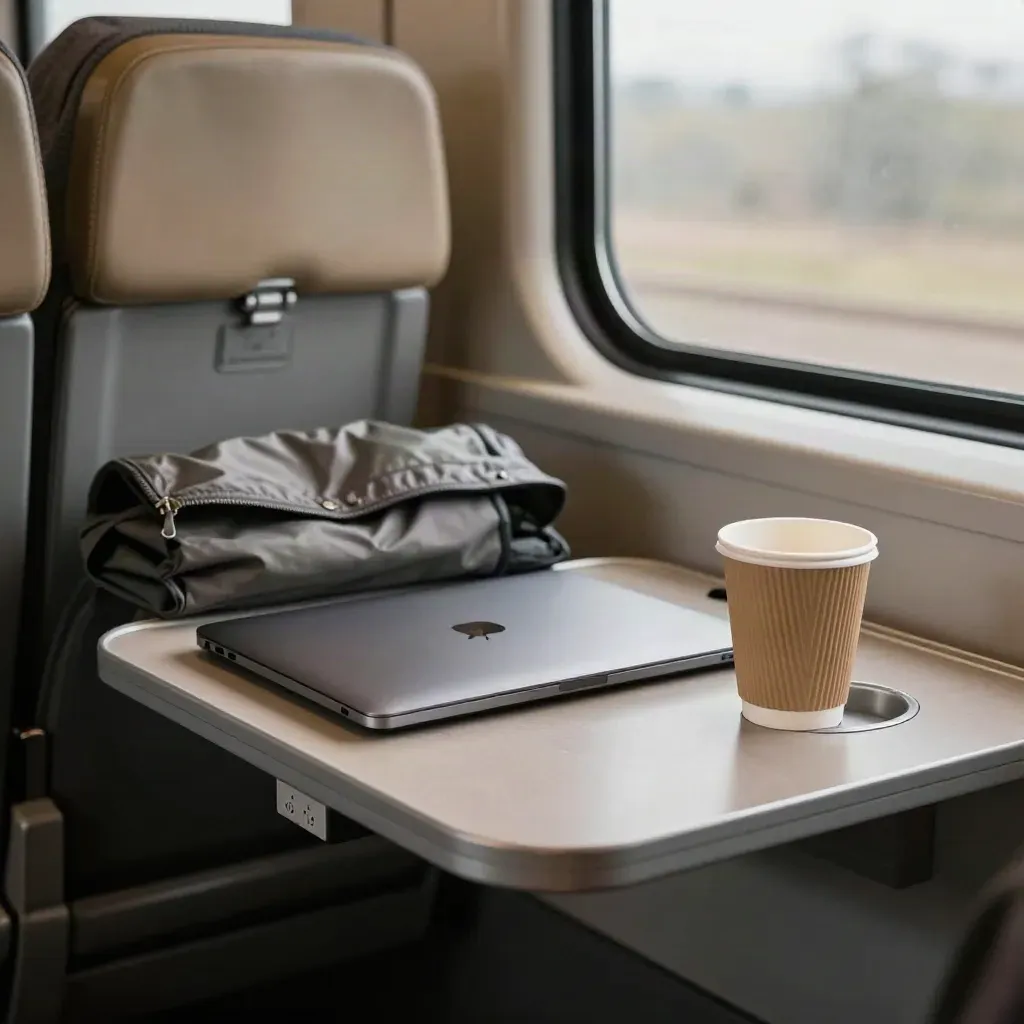 Train carriage window seat bay with closed laptop, jacket and coffee cup in morning light
