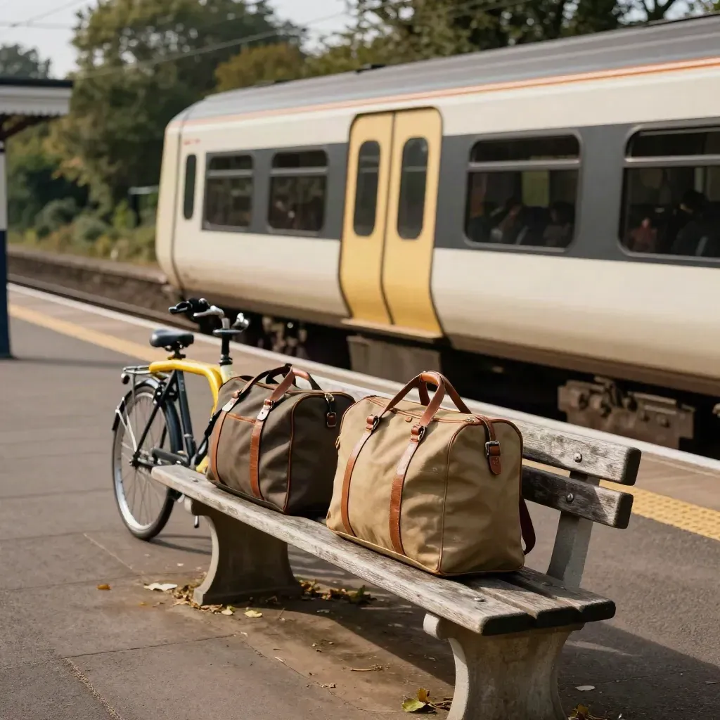 Quiet train at a leafy branch-line platform with weekend bags on a bench