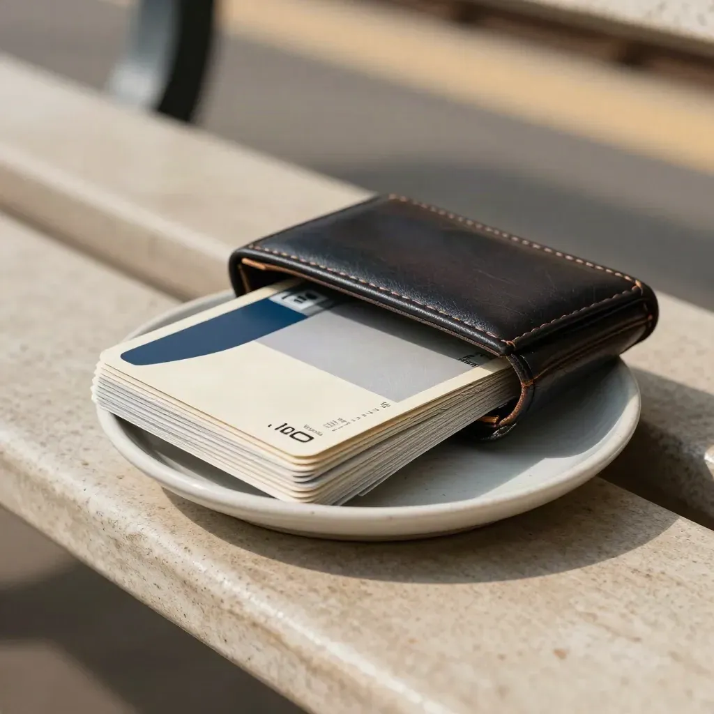 Half-open railcard wallet and route cards on a station bench beside a ceramic dish.