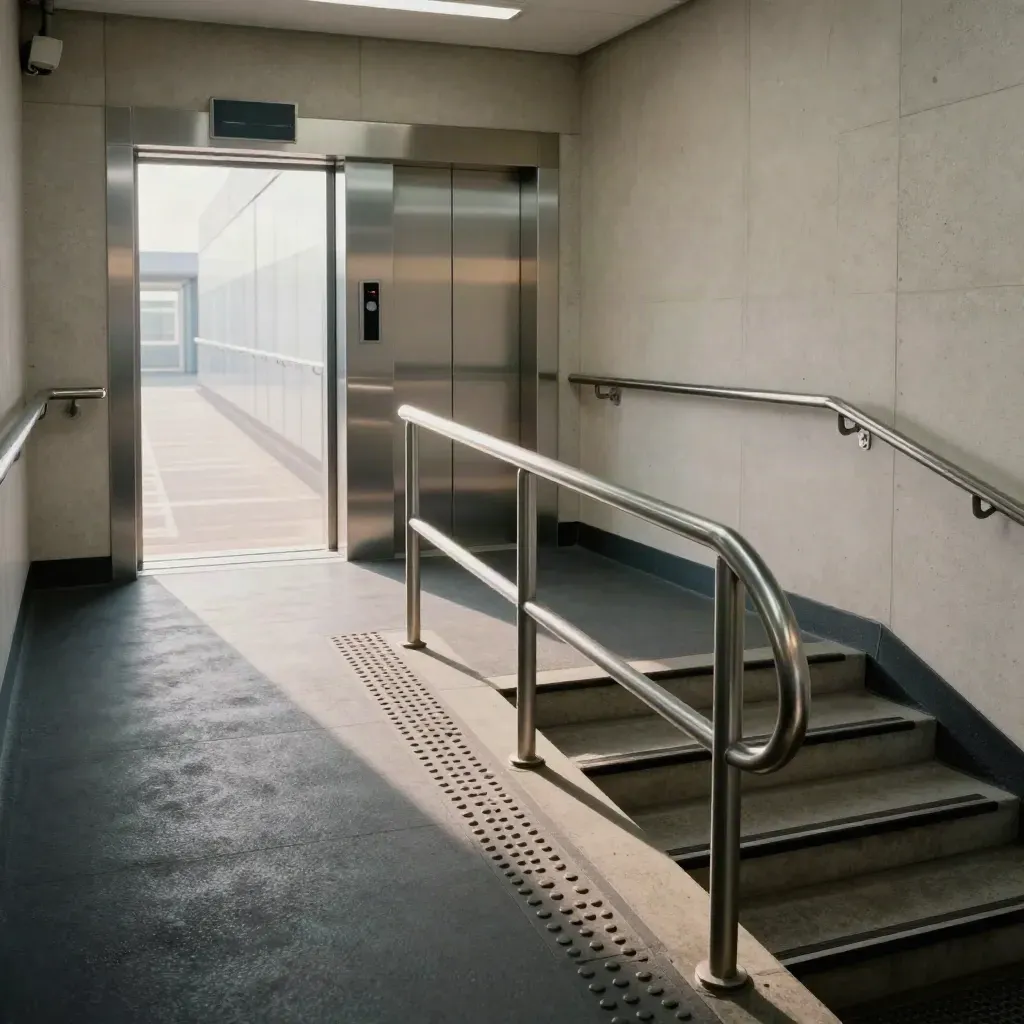 Low-angle station stairwell with lift doors, tactile paving and a curved handrail toward the platform.