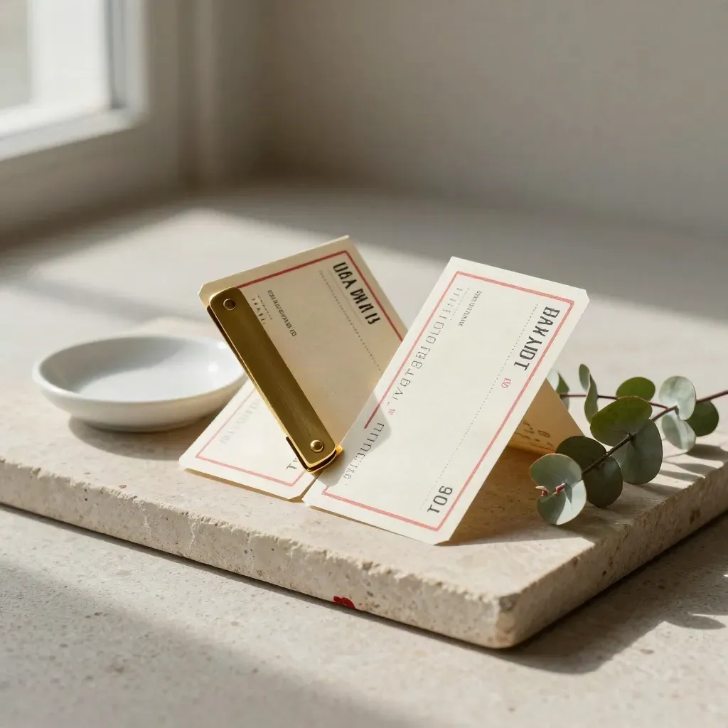 Fare stubs, brass clip, ceramic dish and eucalyptus on pale stone, styled as a ticket-split still life.