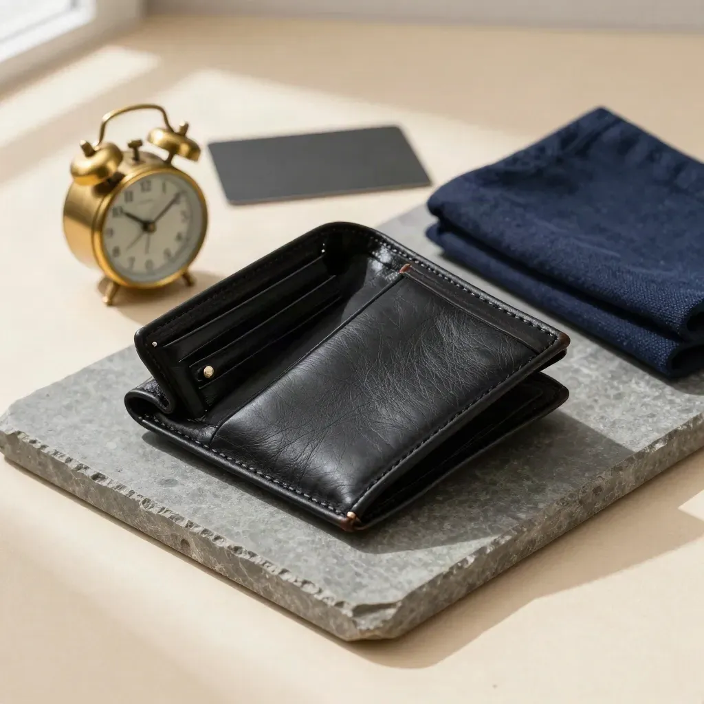 Black leather commuter wallet, brass station clock and navy cloth on a stone tray