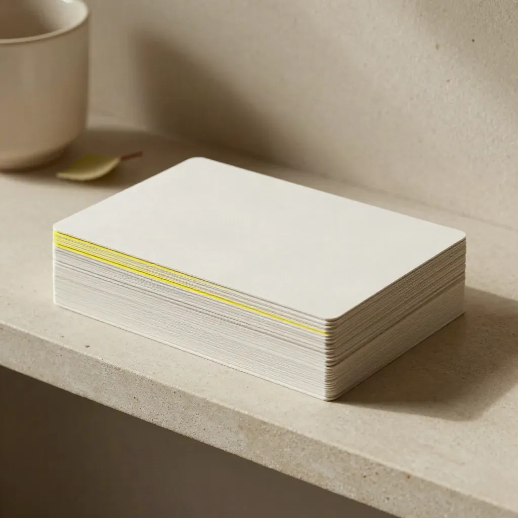 Three railcard-size cards, a ceramic cup and leaf stem on a plaster shelf in soft side light.