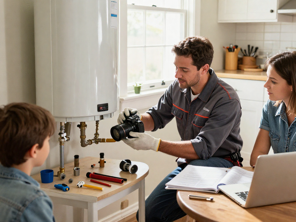 Reliable water heater repair Fort Worth scene with a plumber in action at home.