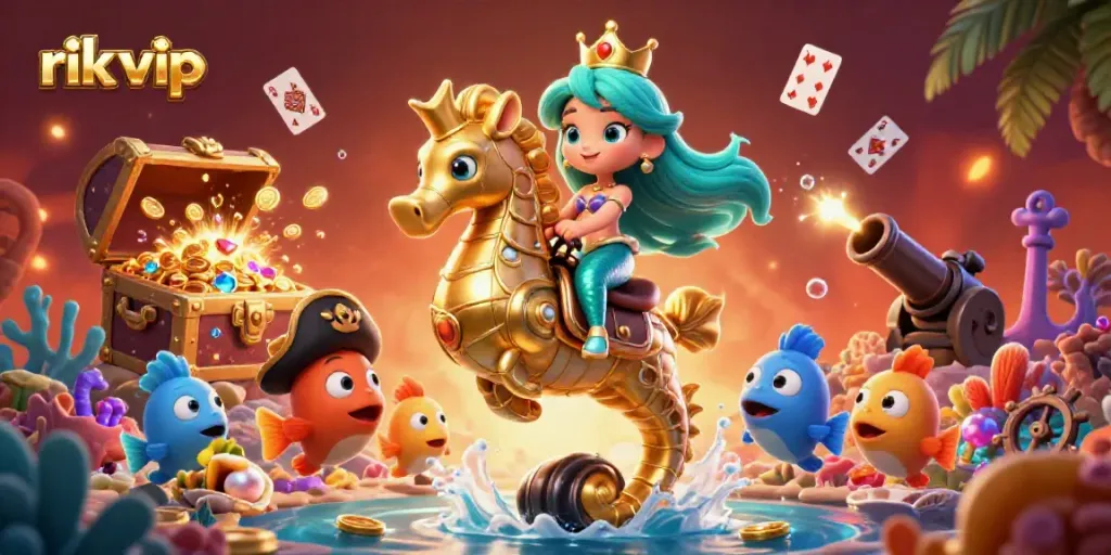 Engage in thrilling gameplay with rik vip as a mermaid princess rides a seahorse surrounded by colorful elements.