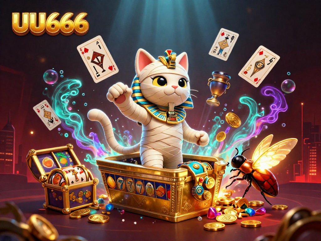 Experience thrilling action at UU666 with a vibrant casino scene featuring a mummy cat and glowing elements.