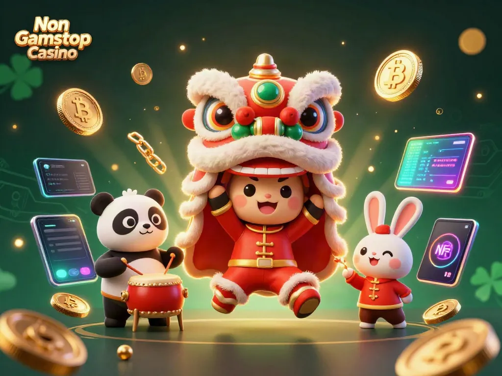 Experience the thrill of Non Gamstop Casino with a vibrant 3D scene featuring festive characters and crypto elements.
