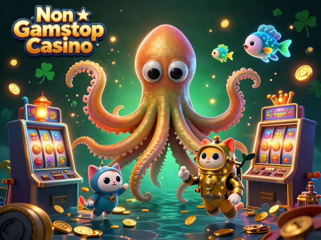 Experience thrilling wins at a Non Gamstop Casino with a kraken, diving cat, and cartoon fish.