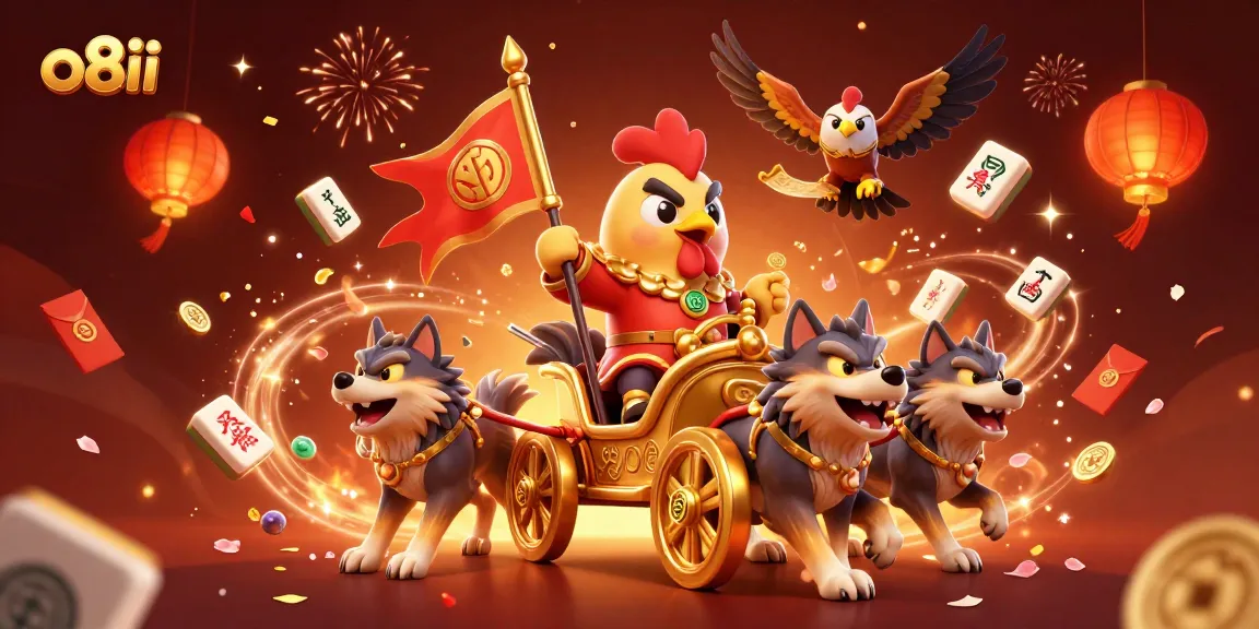Engage in thrilling battles at o8ii casino with a dynamic 3D rooster warlord and a festive atmosphere.