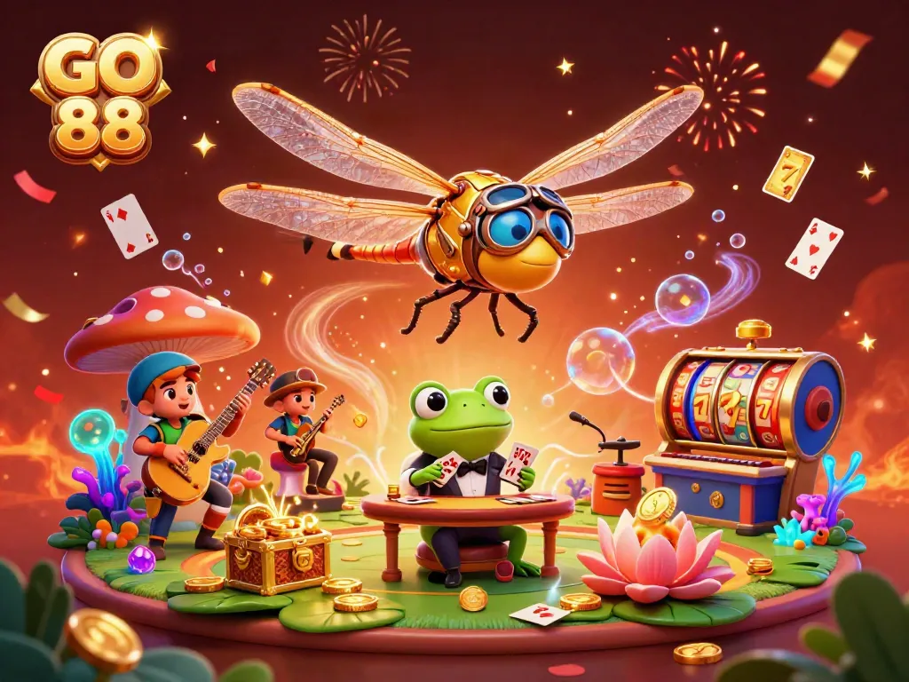 Engage in thrilling action at the GO 88 casino with a lively dragonfly pilot and a frog dealer.