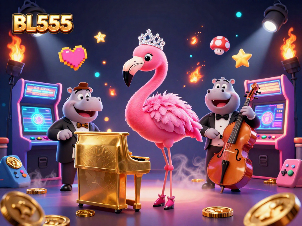 Experience big wins at BL555 with a vibrant scene of a flamingo performer and hippo bassist in a casino setting.