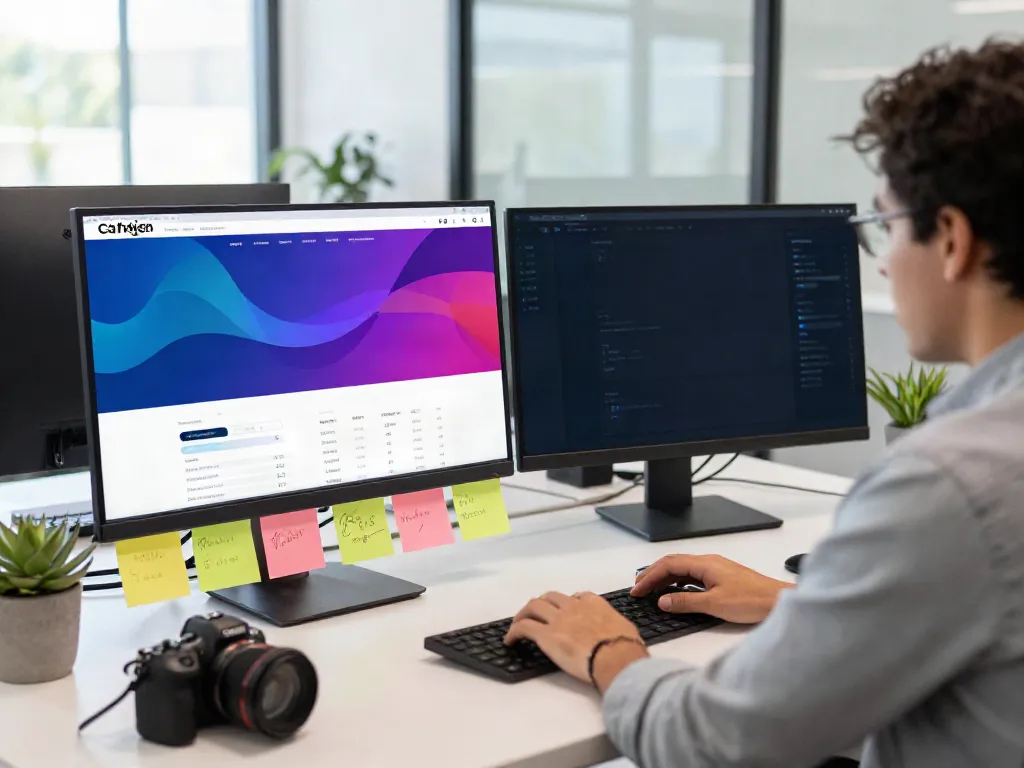 Digital marketer using instant indexing tools in a modern office setting.