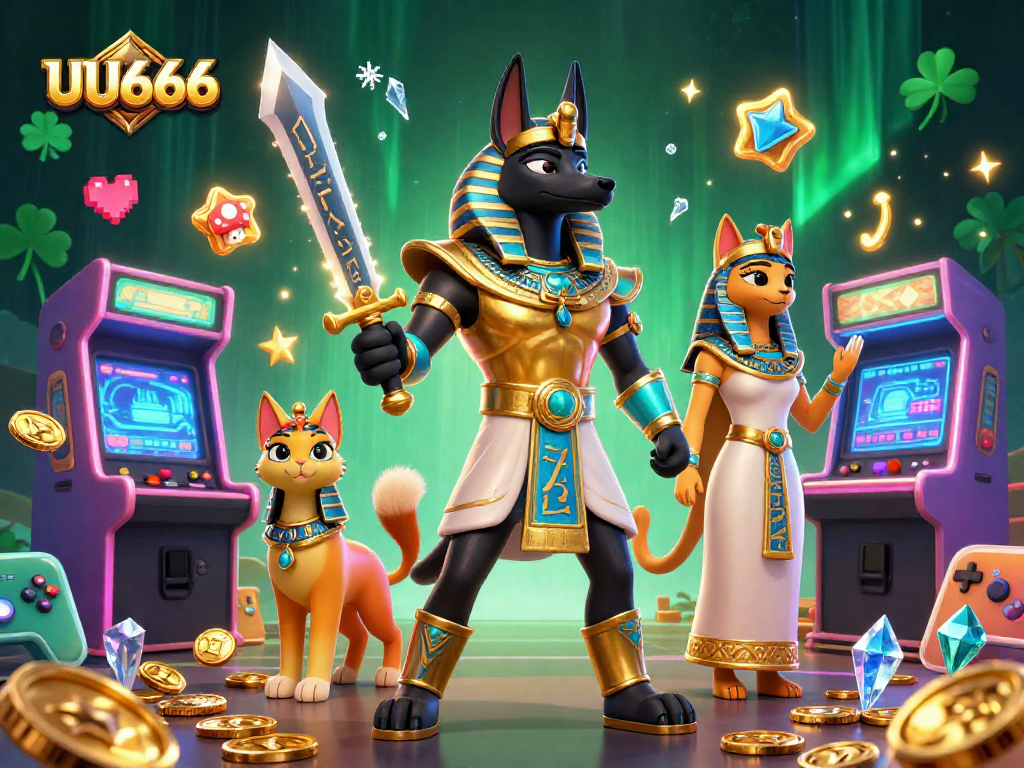 Experience the thrilling adventure at UU666 with Anubis and Bastet amidst glowing casino elements.