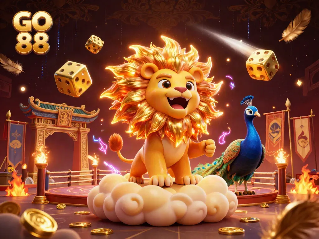 Experience the thrill of GO 88 with a roaring lion, golden dice, and vibrant casino elements in a dynamic scene.