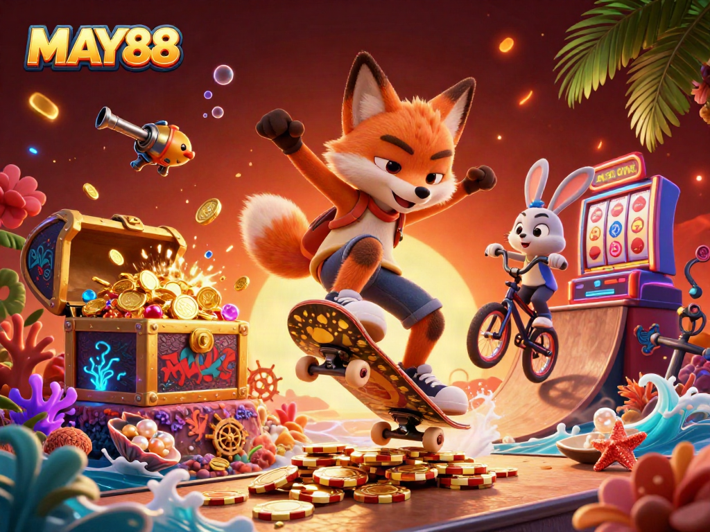 MAY88 features an exciting illustration of a fox and rabbit performing tricks amid casino elements like floating slot machines and golden poker chips.