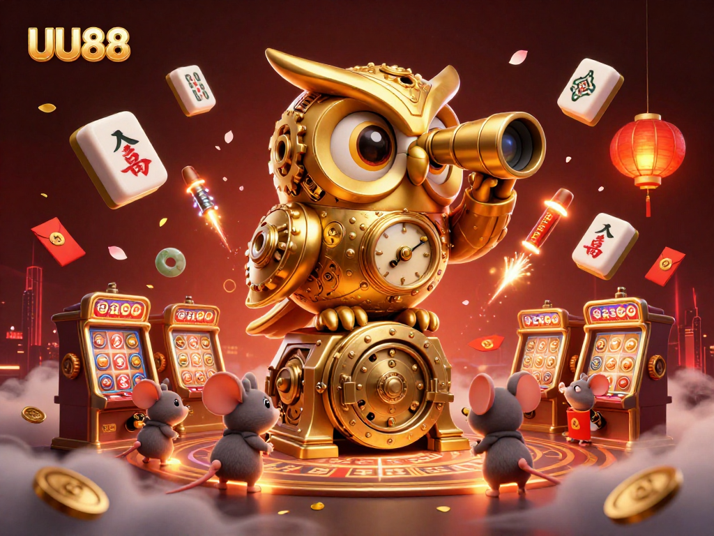 Engage with UU88 as golden owl surveys a dynamic casino scene filled with vibrant details.