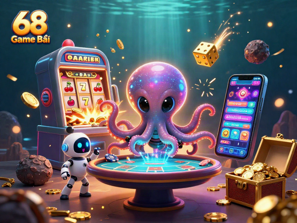 Engage in thrilling gameplay with 68 Game Bài featuring a vivid alien octopus at a holographic poker table.