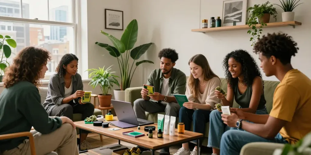 Friends enjoying weed delivery UK in a cozy London apartment with urban views.