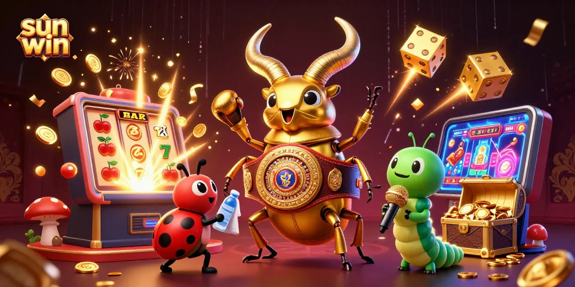 Experience the excitement of sun win gaming with a giant golden stag beetle and vibrant casino elements.