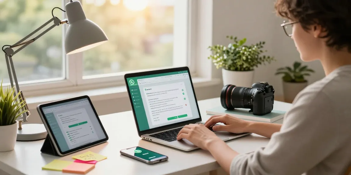 Connecting through WhatsApp網頁版 in a modern home office, showcasing a vibrant and productive workspace