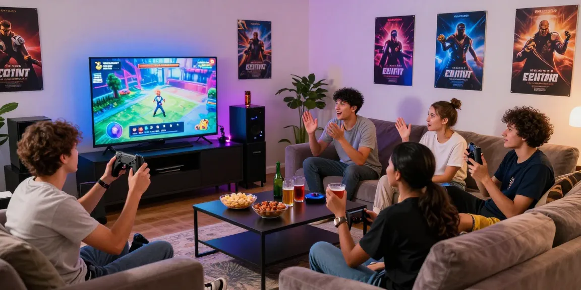 Group of friends playing ecchigames in a lively living room setting.