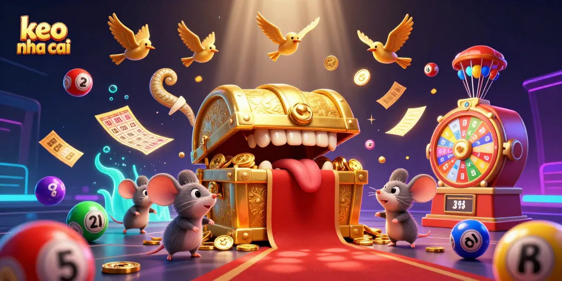 Engaging keo nha cai scene showcasing a treasure chest, lottery elements, and vibrant dynamic action.