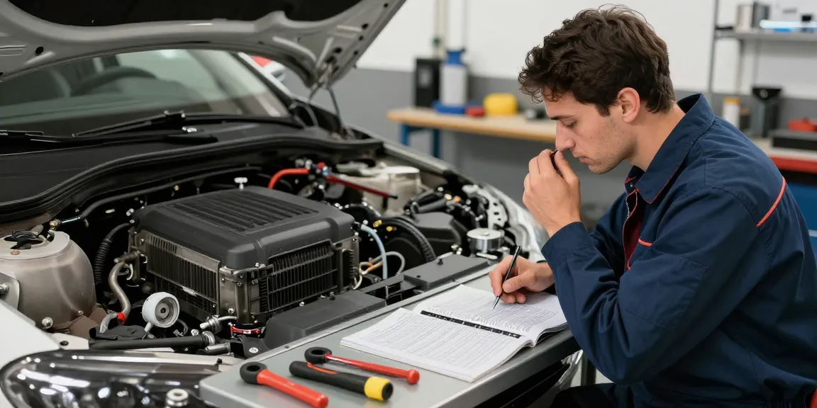 Trusted local professional diagnosing car air conditioning smells bad in a well-equipped garage.