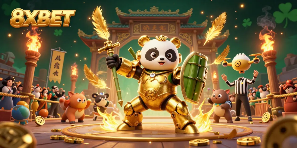 8XBET delights players with vibrant 3D illustrations featuring a golden panda in a dynamic gaming arena.