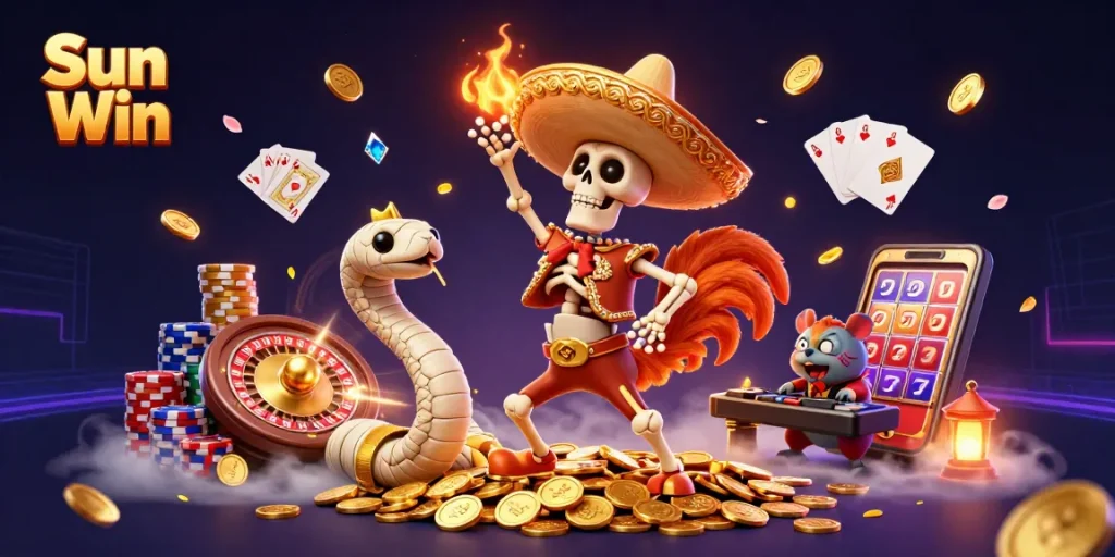 Sun Win features an elite gaming scene with a victorious skeleton rooster, mummy snake, and DJ hamster amidst bright casino elements.