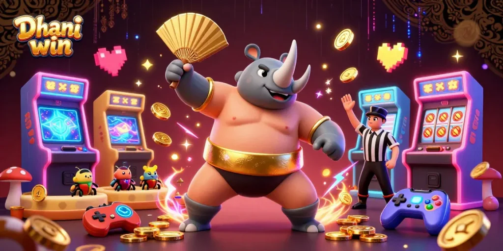 Play exciting Dhani win games with a dynamic 3D scene featuring a beetle champion and vibrant casino elements.