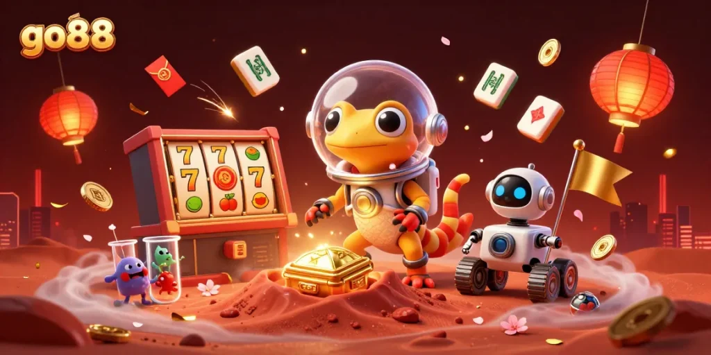 Play exciting games at the go88 casino, featuring vibrant slot reels and our Martian character.