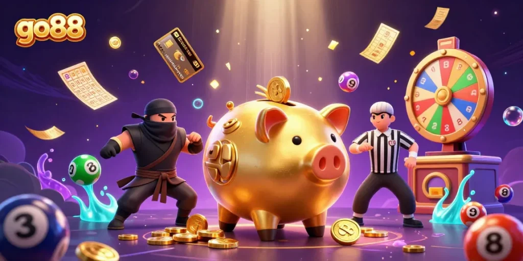 Experience excitement with go88 in this lively 3D casino scene featuring dynamic games and vibrant elements.