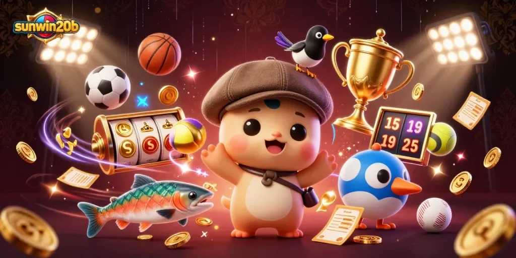 Engage with the sunwin20b jackpot excitement in a lively 3D cartoon scene featuring characters and game elements.