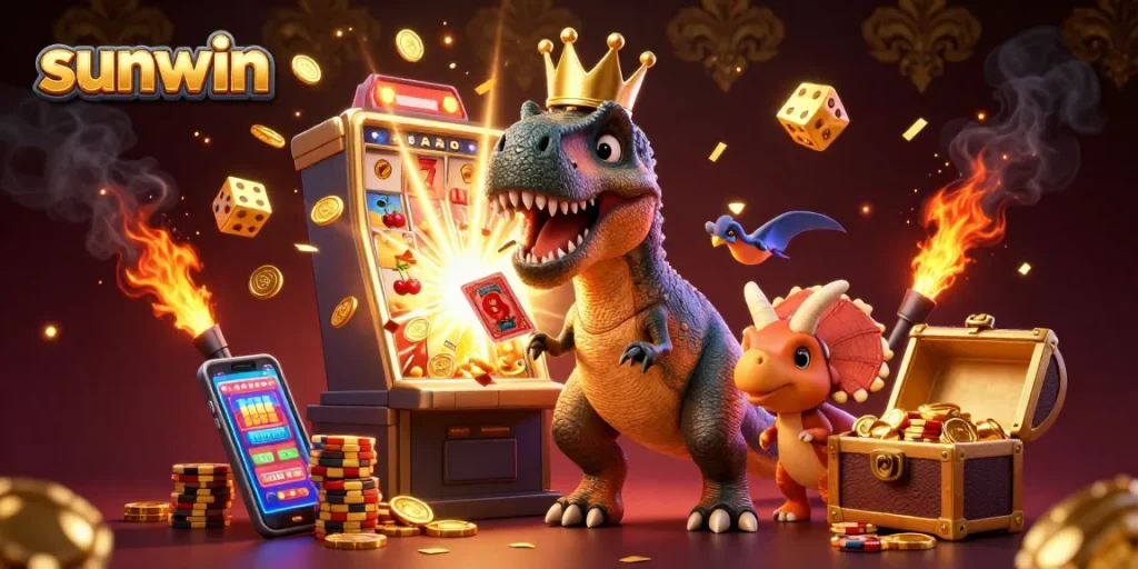 Experience the thrill of sunwin with a T-Rex shuffling cards amidst vibrant casino elements.