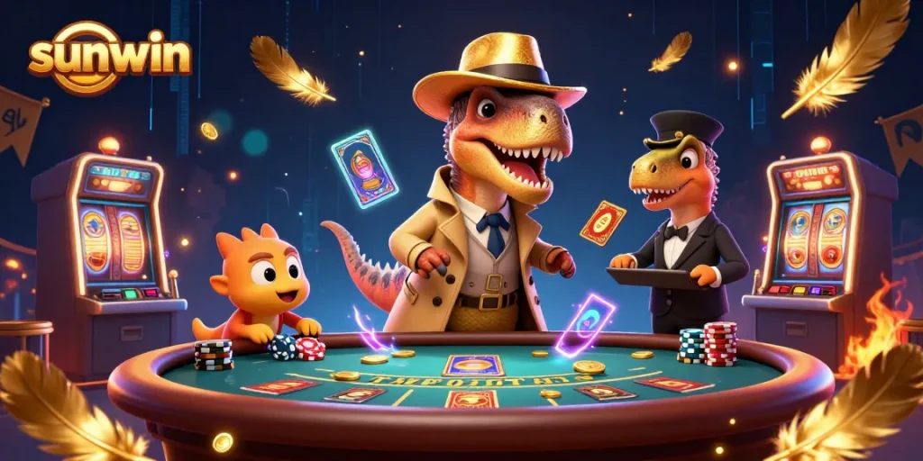Experience thrilling moments at Sunwin casino, featuring a clever velociraptor and a suspicious stegosaurus in a packed scene.